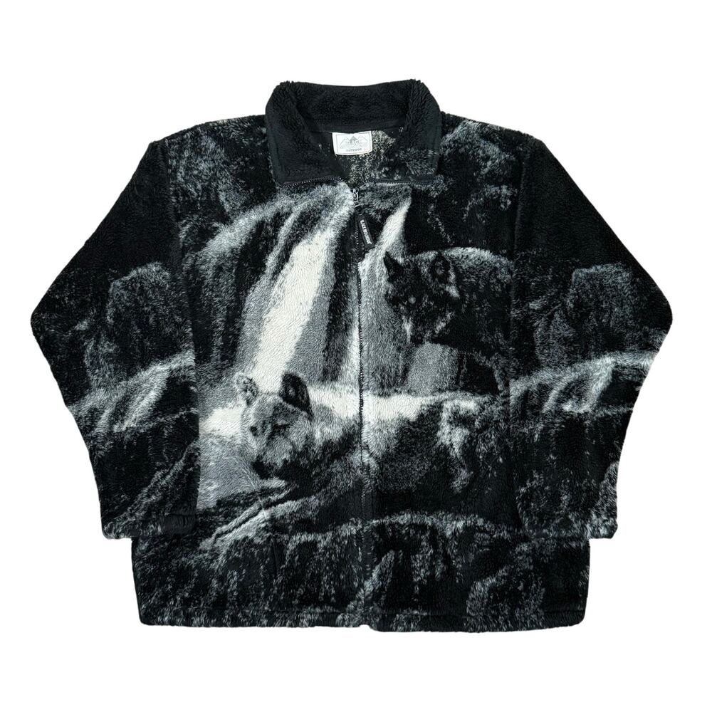 Vintage Black Mountain Wolf Nature All Over Print Fleece Jacket Full Zip Medium